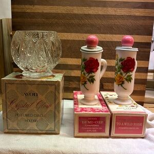 Vintage Avon candle holder and two empty containers